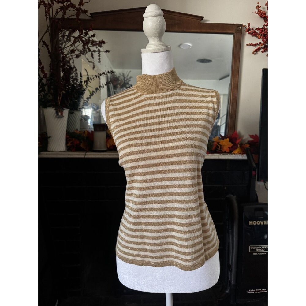 Jetal Womens L Gold Metallic Striped Turtleneck Tank Sleeveless Y2K Knit Top